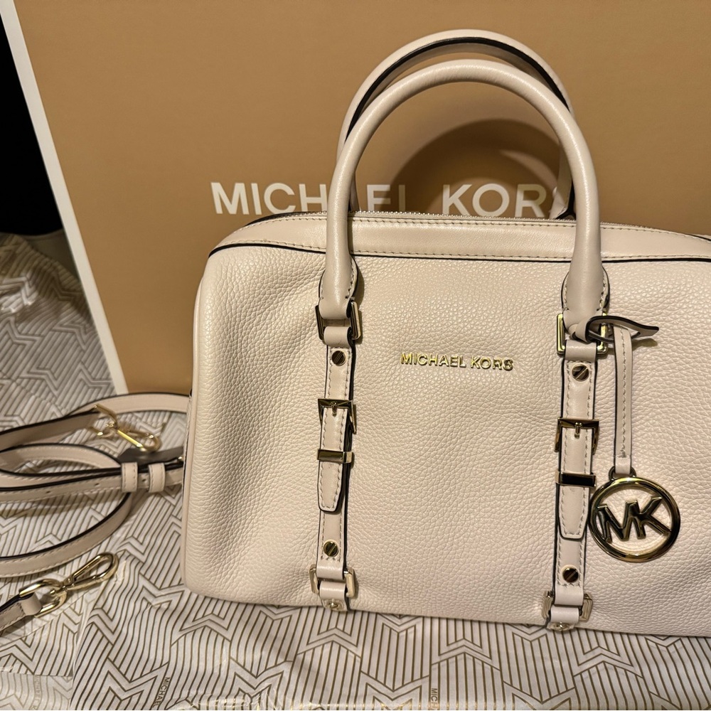 Michael Kors Cream Satchel with Gold Accents and Structured Design